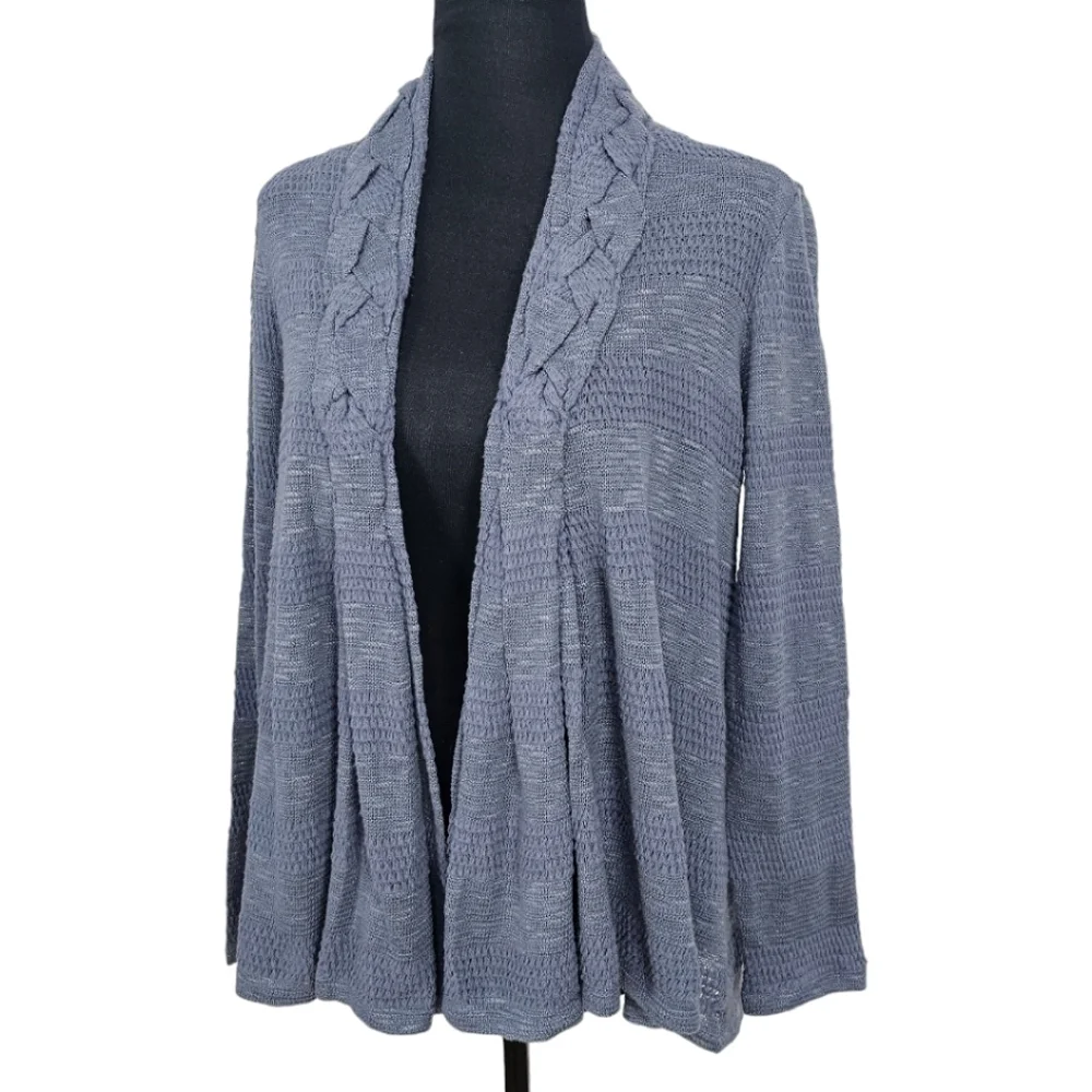 Anthropologie One September Blue Boho Braided Neck Pointelle Knit Open Cardigan